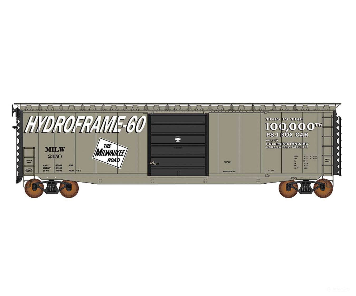 Intermountain HO 45960 50’ PS-1 Single Door Boxcar w/Cushion Underframe - Milwaukee Road #2150 (gray black Hydroframe