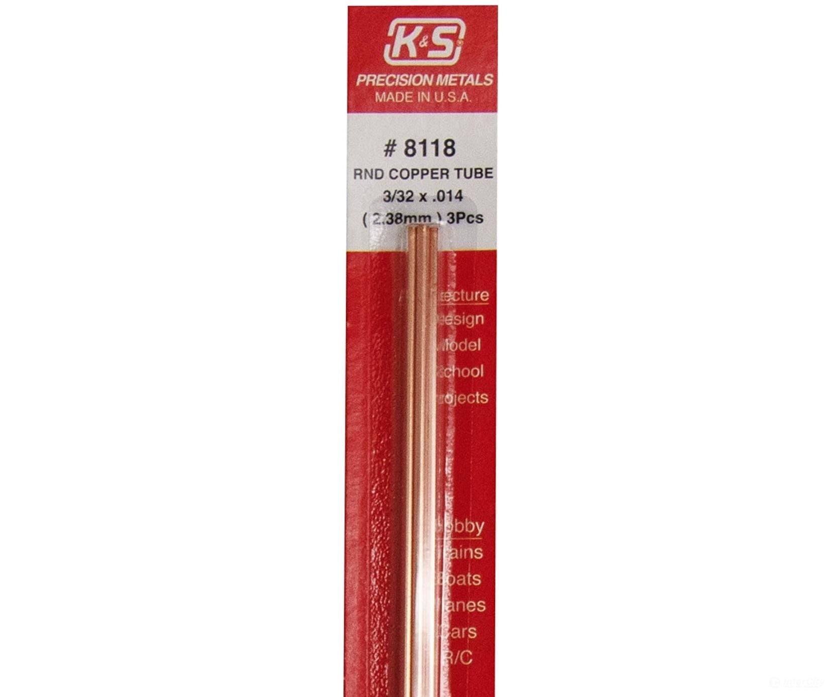K&S Metals 8118 3/32 Od Copper Tube (3Pcs/Card) Brass & Metal