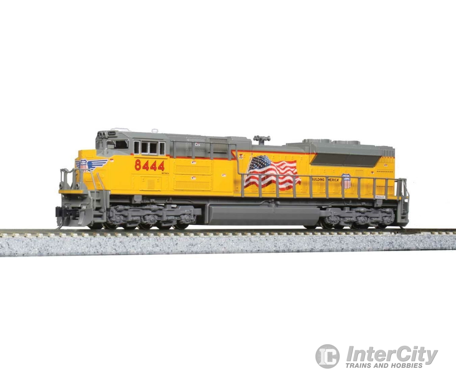 Kato 1768438 EMD SD70ACe - Standard DC -- Union Pacific #8497 (Armour Yellow, gray; "Building America" Logo, U.S. Flag) - Default Title (IC-381-1768438)