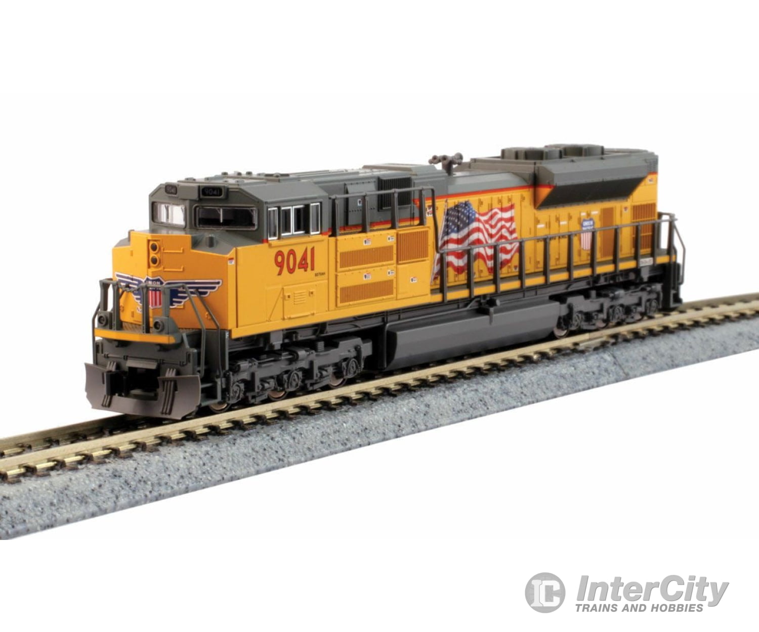 Kato 1768520 EMD SD70ACe with Nose Headlight - Standard DC -- Union Pacific #9041 (Armour Yellow, gray; United States Flag) - Default Title (IC-381-1768520)