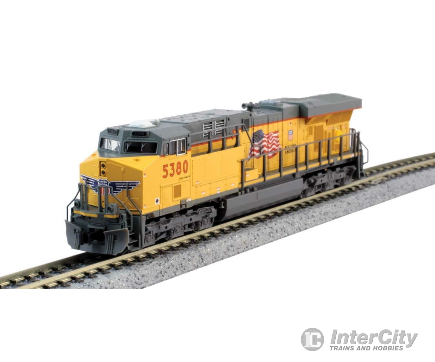 Kato 1768954 GE ES44AC GEVO - Standard DC -- Union Pacific #5400 (Armour Yellow, gray, US Flag, Building America Logo) - Default Title (IC-381-1768954)