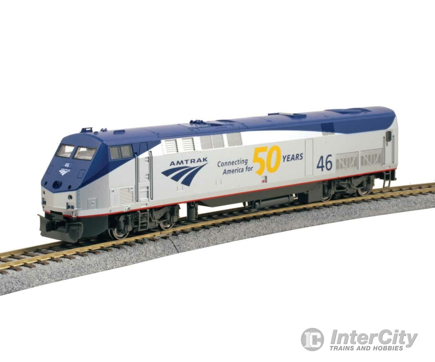 Kato 376112 GE P42 Genesis - Standard DC -- Amtrak #46 (50th Anniversary Scheme, Phase V Late; silver, blue, gray) - Default Title (IC-381-376112)