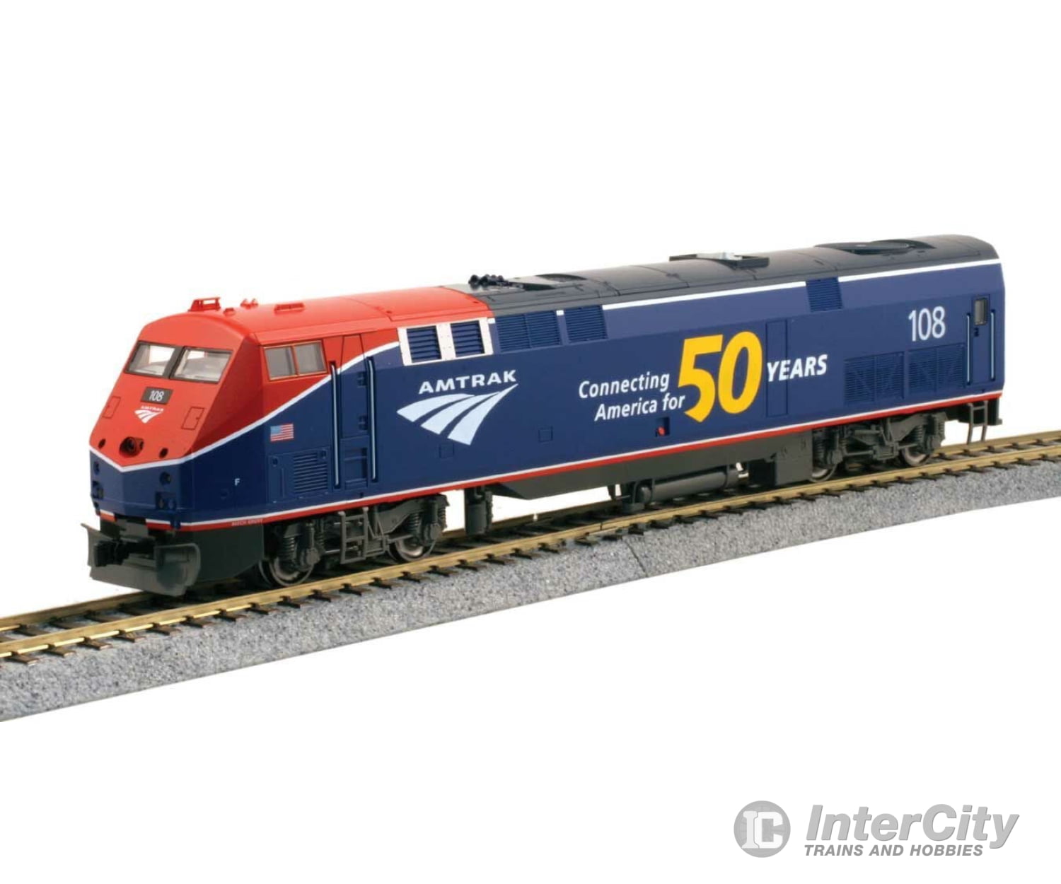 Kato 376115 GE P42 Genesis - Standard DC -- Amtrak #108 (50th Anniversary, Phase VI; blue, red) - Default Title (IC-381-376115)