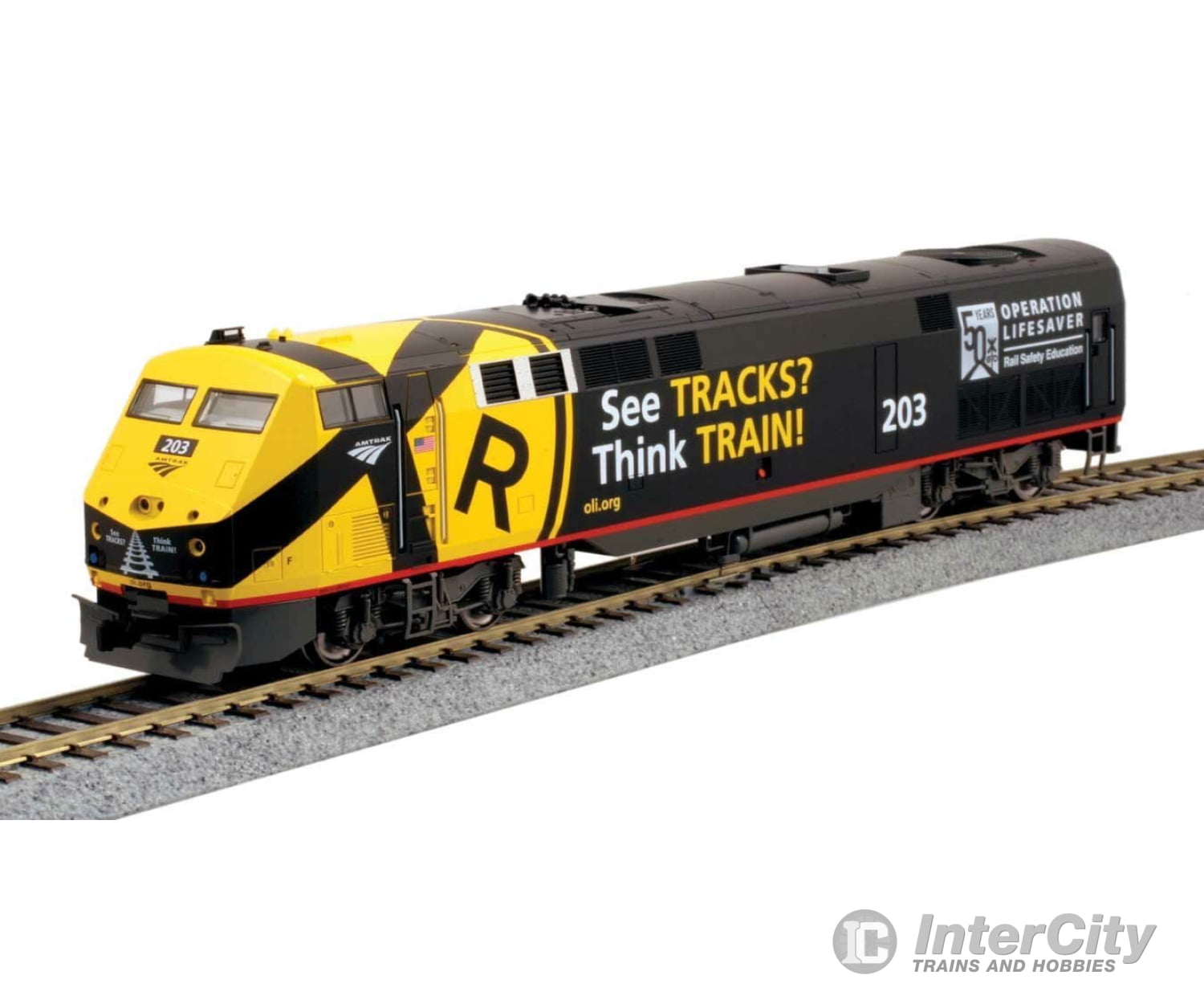 Kato 376119 GE P42 Genesis - Standard DC -- Amtrak #203 (Operation Lifesaver 50th Anniversary; black, yellow) - Default Title (IC-381-376119)