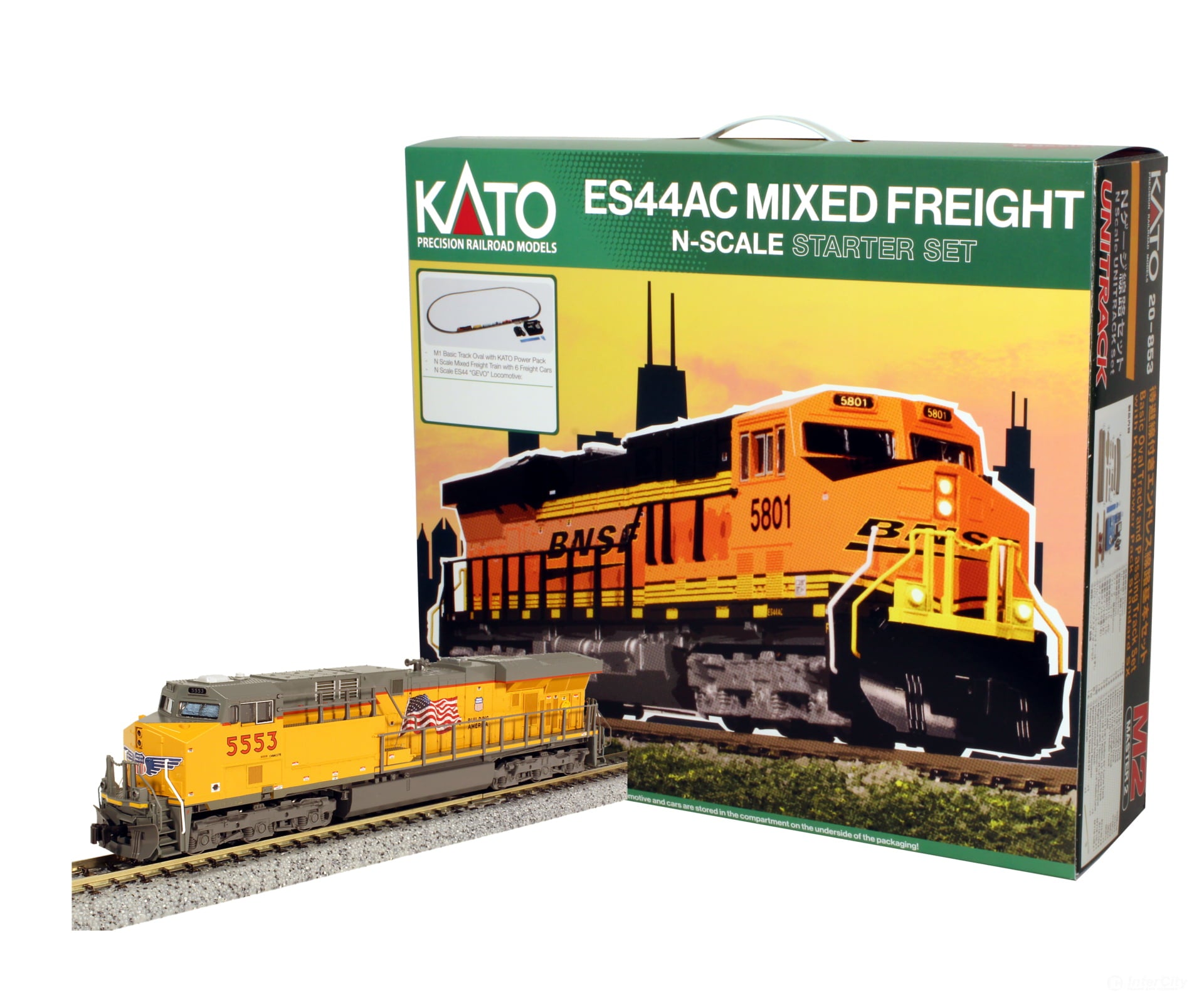 Kato N 1060023 GE ES44AC GEVO Mixed Freight Starter Set -- Union Pacific Loco 6 Cars; Unitrack M1 Basic 4-1/2 x 2’ Oval