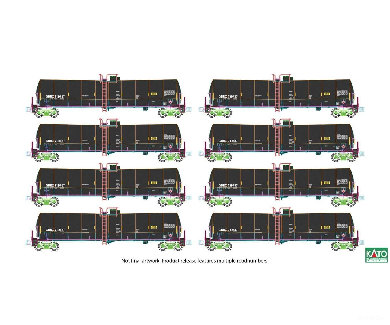Kato N 1064801 Greenbrier Tank Car 8 Pack - Greenbrier Leasing GBRX Set #1 (black yellow conspicuity marks) - Freight