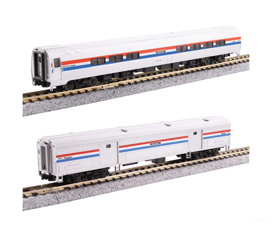 Kato N 1066294 Amfleet II Lounge 73’ Baggage Car Set - Amtrak #28023 1212 (Phase III equal red white blue stripes)