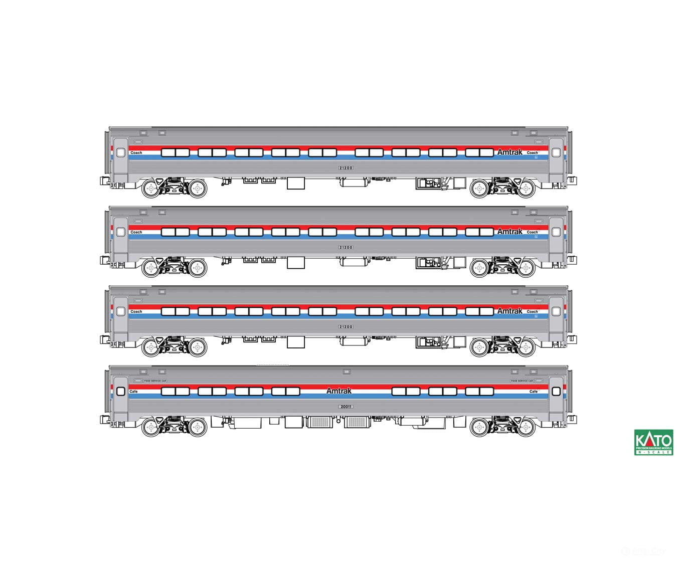 Kato N 1068020 Amfleet I 3 Coach & Cafe Set - Amtrak #21200 21226 21267 20011 (Phase III; Equal Red White Blue Stripes)