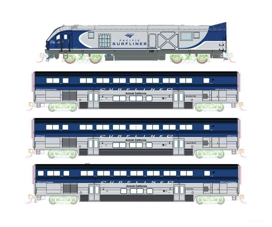 Kato N 1069001 Pacific Surfliner Base Train-Only Set - Standard DC - Amtrak SC-44 Charger 2 Coaches Cab Car (blue