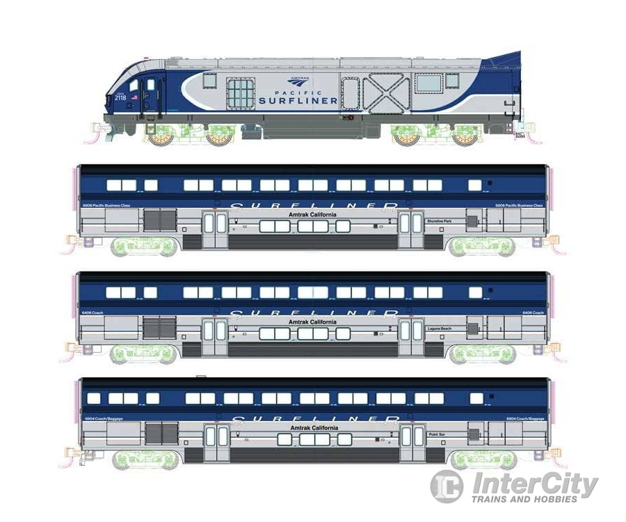 Kato N 1069001 Pacific Surfliner Base Train-Only Set - Standard DC - Amtrak SC-44 Charger 2 Coaches Cab Car (blue