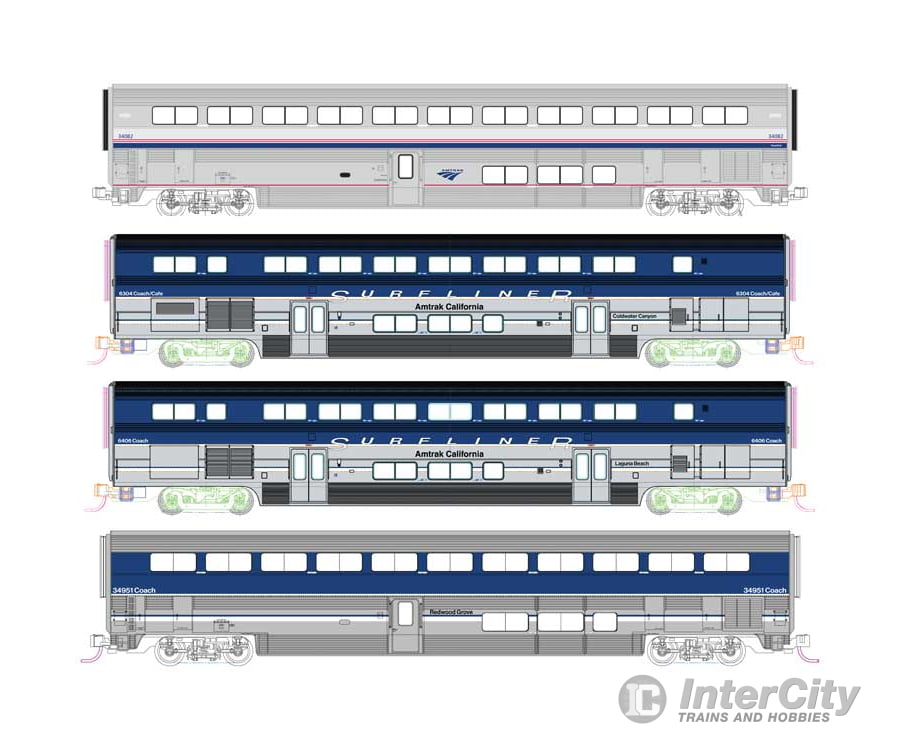Kato N 1069002 Pacific Surfliner 4-Car Add-on Set - (2 Surfliner 2 Superliner Coaches; 3: blue silver; 1: Phase IV)