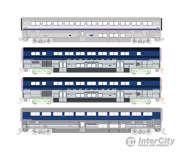 Kato N 1069002 Pacific Surfliner 4-Car Add-on Set - (2 Surfliner 2 Superliner Coaches; 3: blue silver; 1: Phase IV)