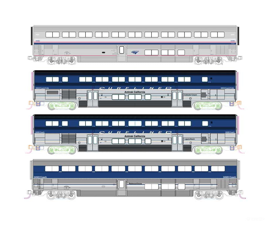 Kato N 1069002 Pacific Surfliner 4-Car Add-on Set - (2 Surfliner 2 Superliner Coaches; 3: blue silver; 1: Phase IV)