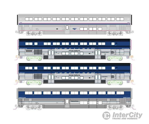 Kato N 10690021 Pacific Surfliner Add-On Set - Interior Lights - Amtrak 2 Surfliner & 2 Superliner Coaches (3 in blue