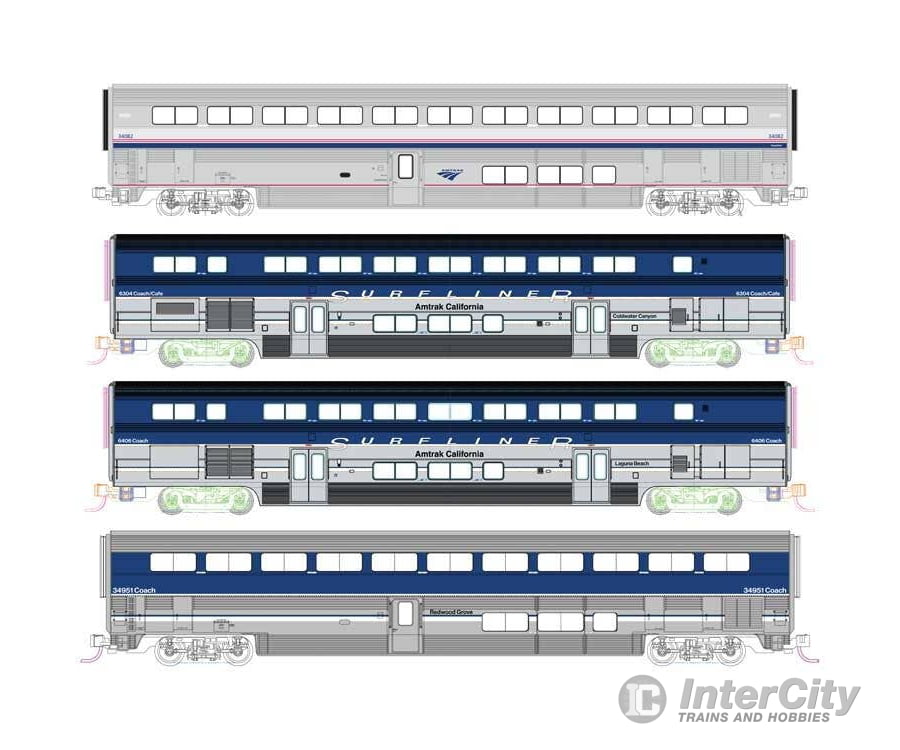 Kato N 10690021 Pacific Surfliner Add-On Set - Interior Lights - Amtrak 2 Surfliner & 2 Superliner Coaches (3 in blue