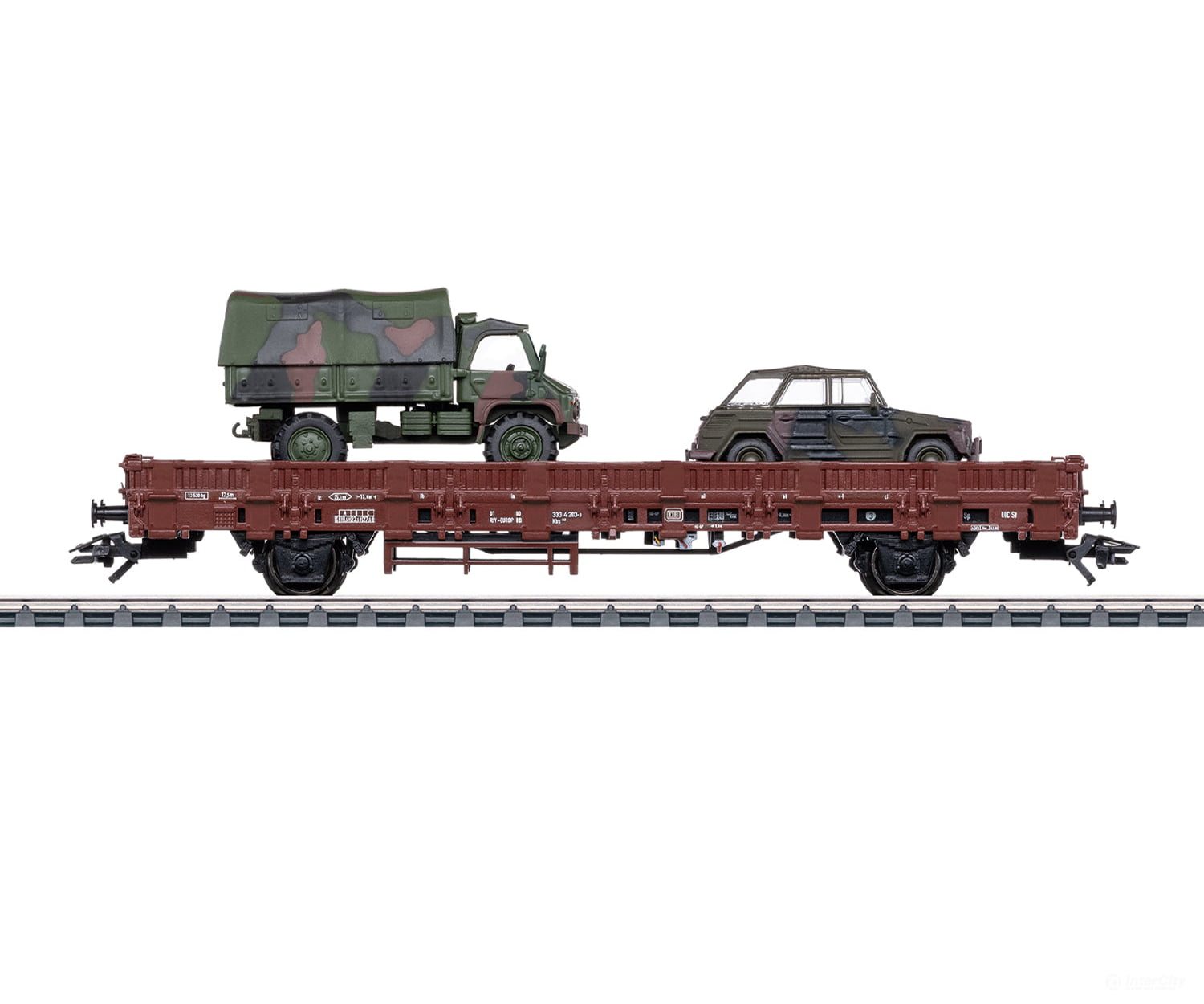 Marklin 46929 HO Type Kbs 443 Stake Car with Military Vehicle Load European Freight Cars