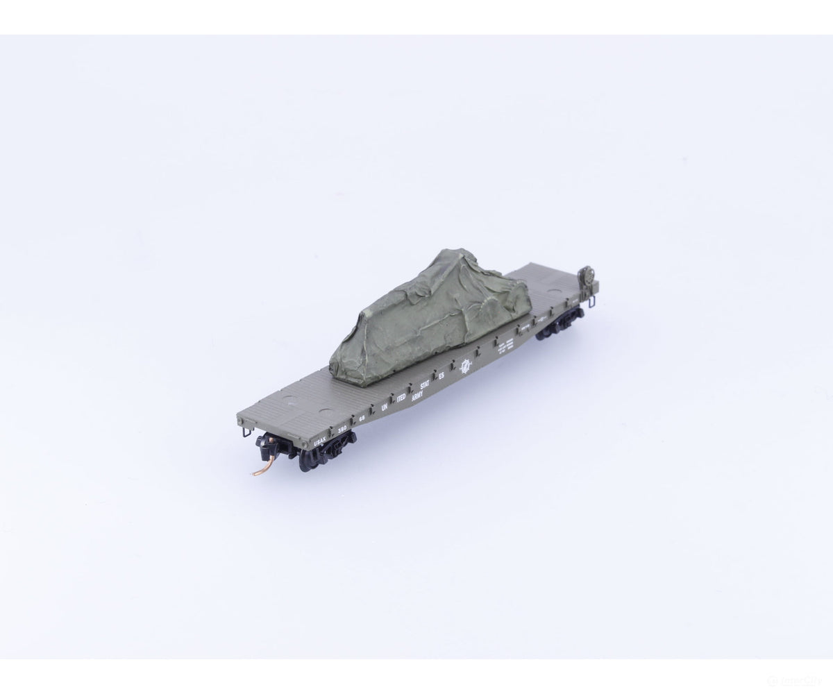 Micro Trains 04500182 N 50’ Fishbelly Side Flat Car w/ Cannon Load United States Army (USAX) 38068 - Freight Cars