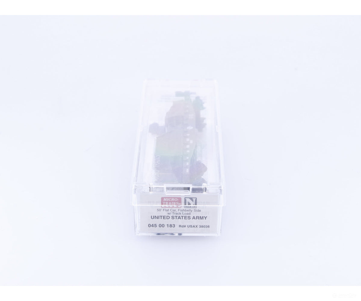 Micro Trains 04500183 N 50’ Fishbelly Side Flatcar w/ Half Track Load United States Army (USAX) 38036 - Freight Cars