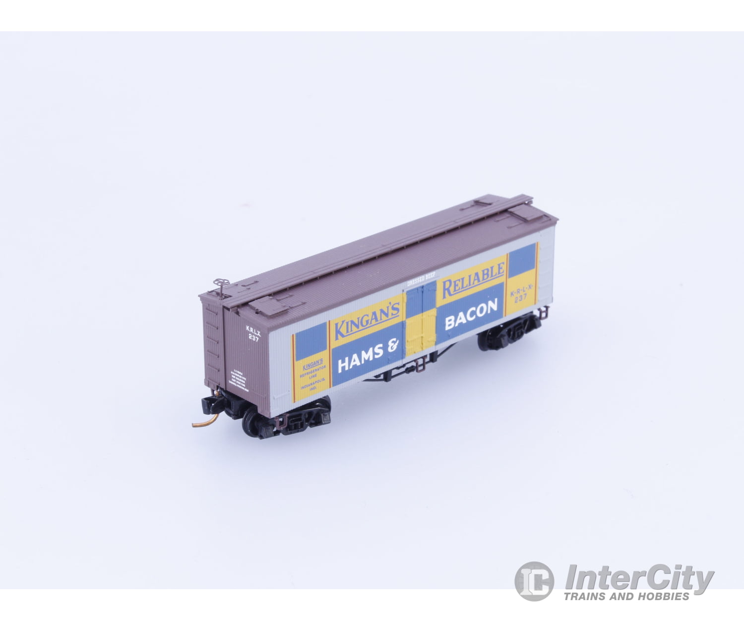 Micro Trains 05800130 N 36’ Wood Sheathed Ice Reefer with Truss Rods Kingan’s Reliable Ham and Bacon (KRLX) 237 Freight