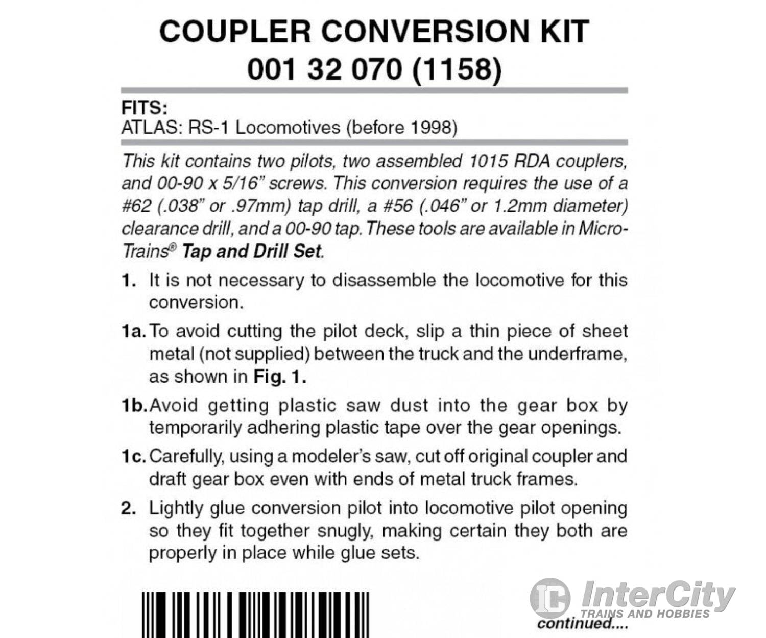 Micro Trains 132070 Locomotive Coupler Conversion Kits W/Pilot Face - Atlas Rs1 (Black Pilot)