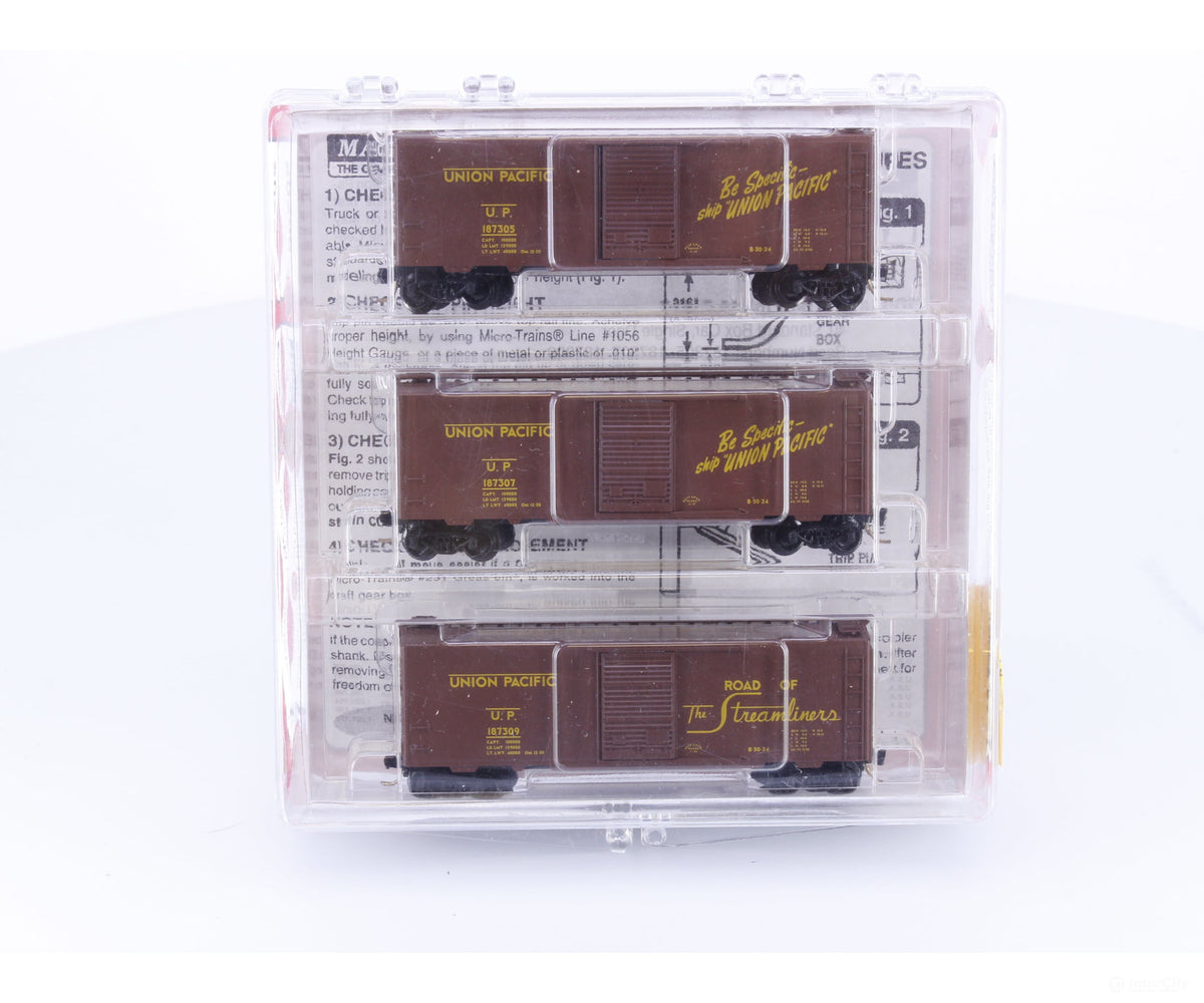 Micro Trains 20286-2 N 40’ Single Door Boxcar 3 Pack Union Pacific (UP) 187305 187307 187309 - Freight Cars