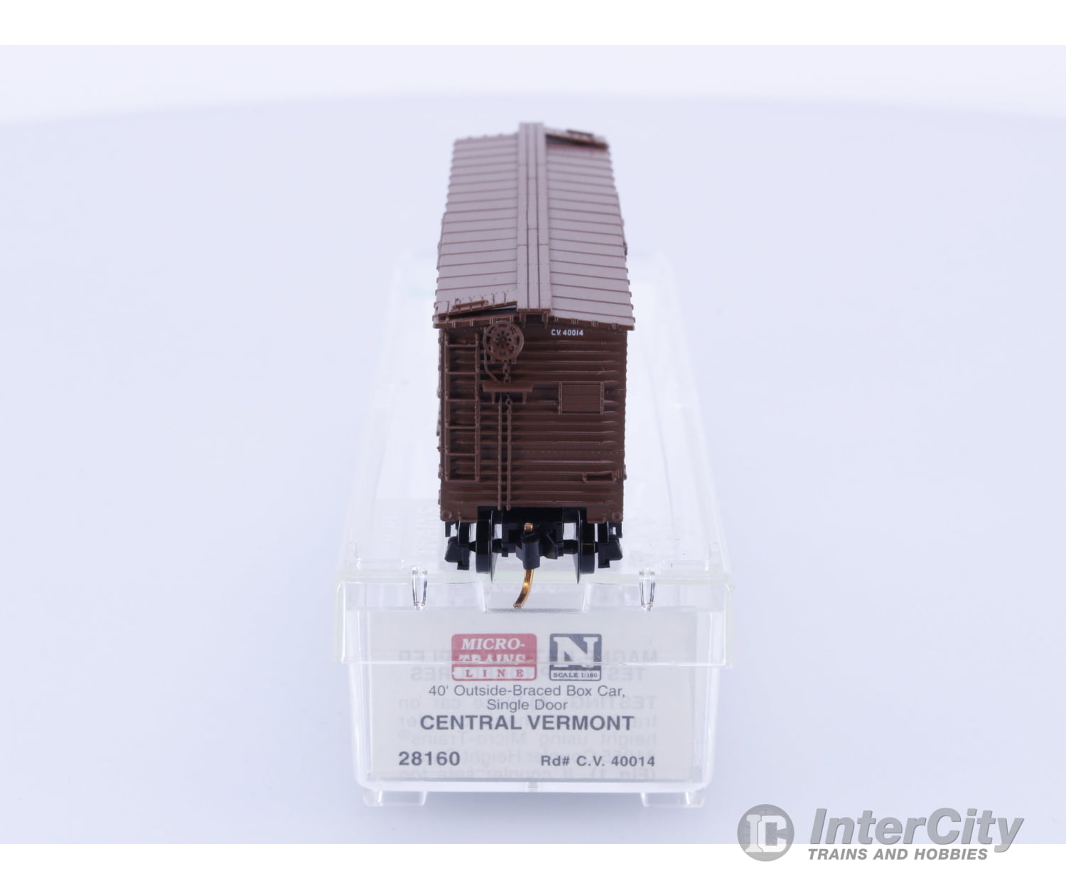 Micro Trains 28160 N Boxcar 40’ Wood Sheathed Outside Braced Central Vermont CV 40014 Freight Cars