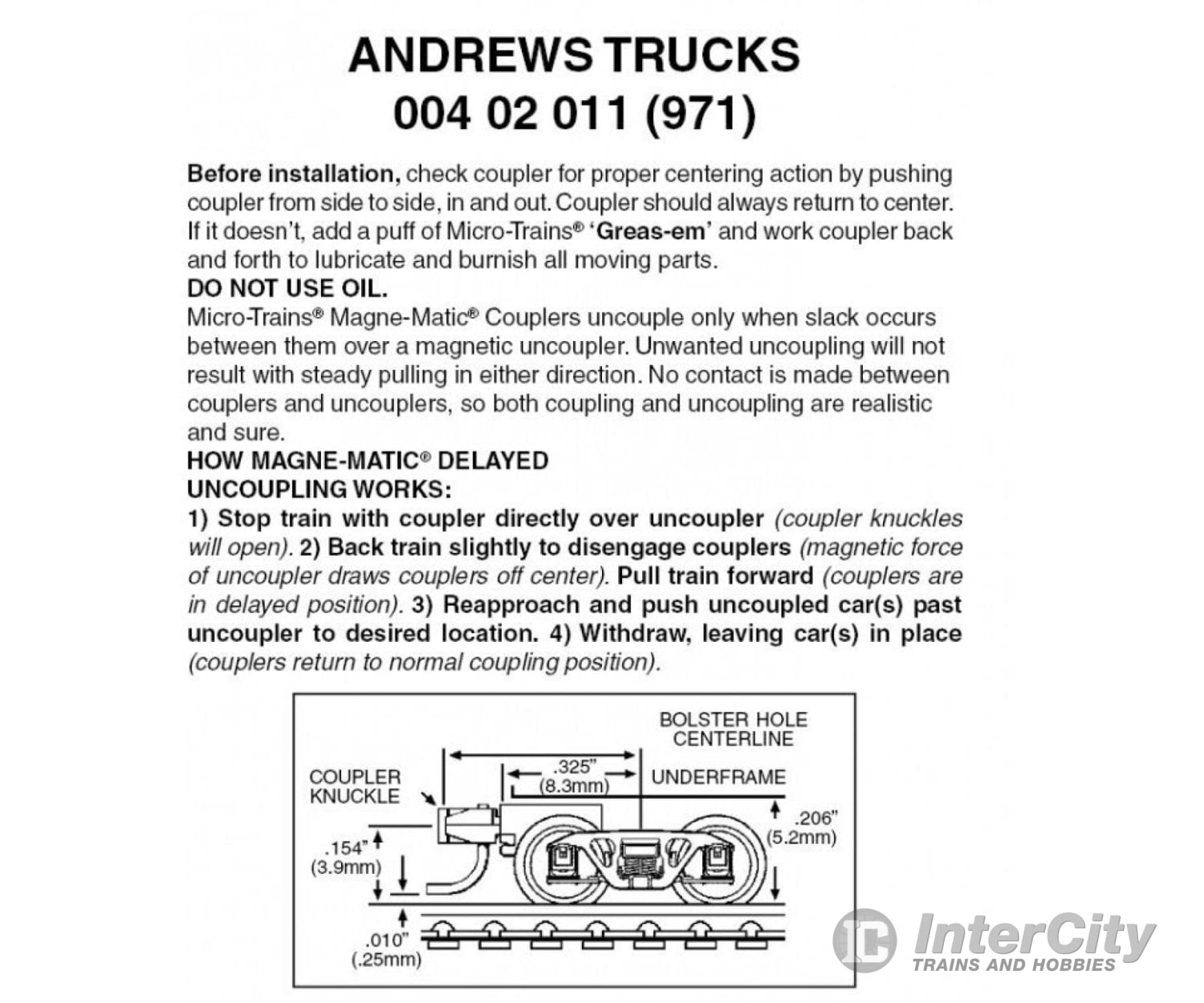 Micro Trains 402011 Andrews Trucks - With Short Extended Couplers 1 Pair &