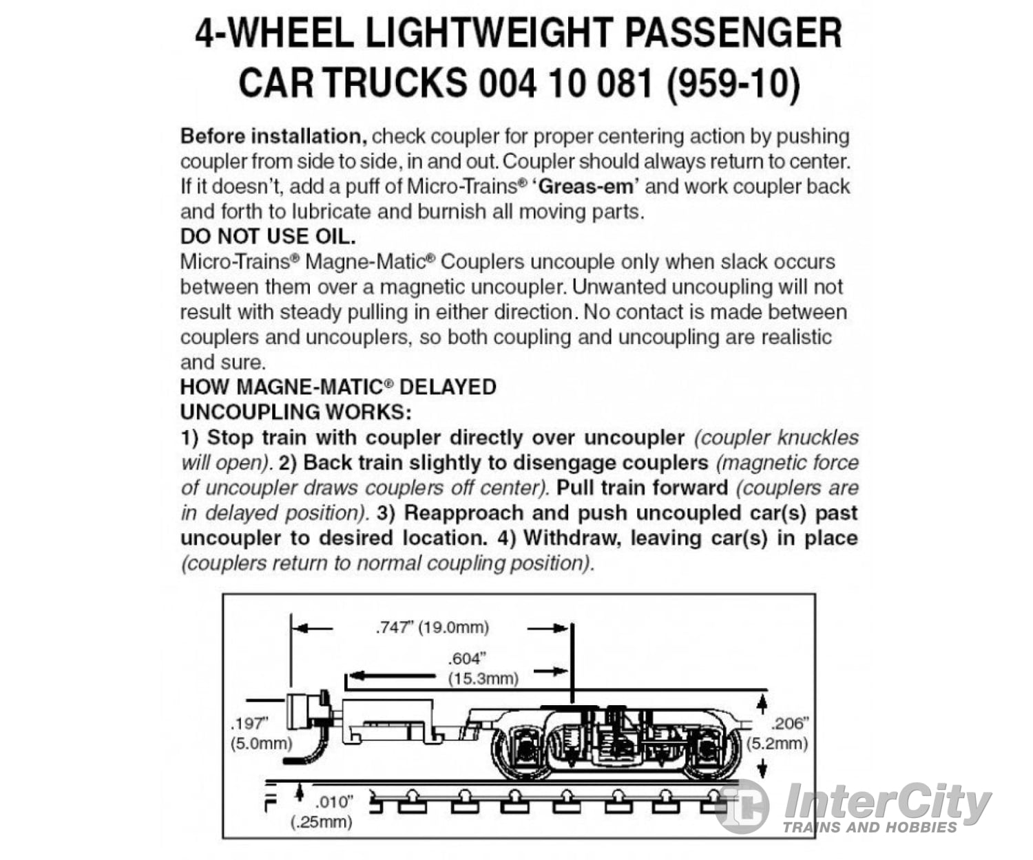 Micro Trains 410081 Lightweight Passenger Trucks - 4-Wheel (Black) 10 Pairs Couplers &