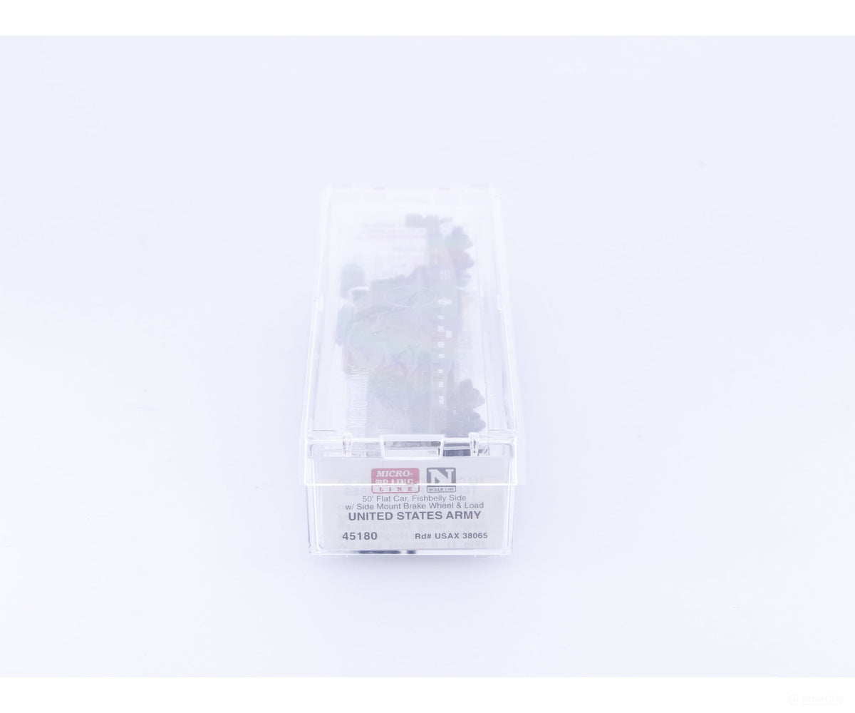 Micro Trains 45180 N 50’ Fishbelly Side Flatcar w/ Load United States Army (USAX) 38065 - Freight Cars