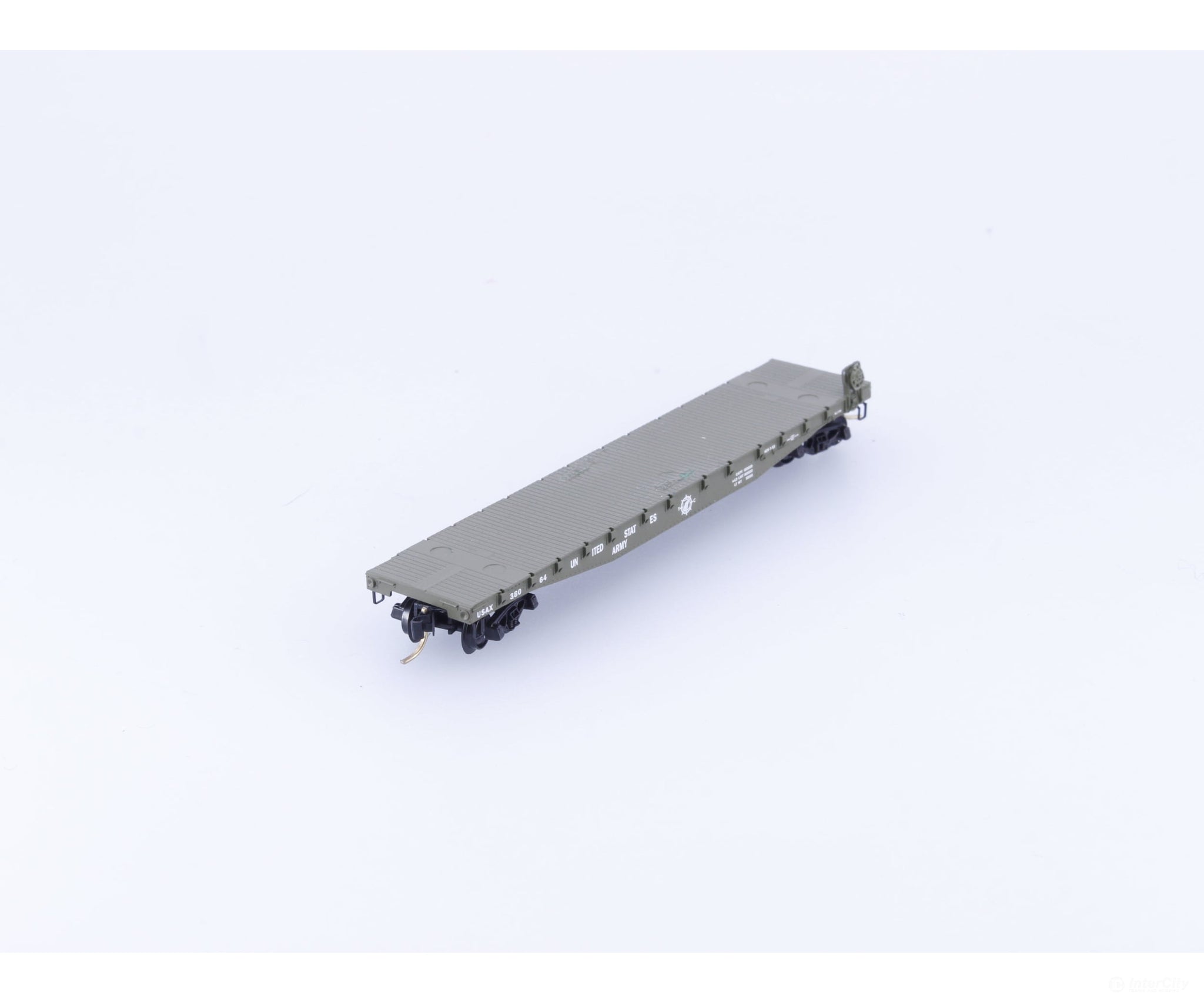 Micro Trains 45180 N 50’ Fishbelly Side Flatcar w side mount Brk Wheel United States Army (USAX) 38064 - Freight Cars