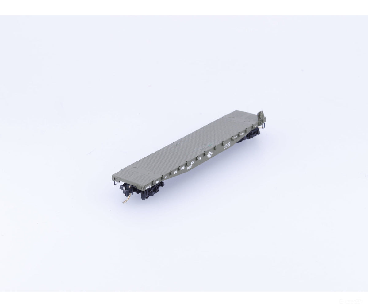 Micro Trains 45180 N 50’ Fishbelly Side Flatcar w side mount Brk Wheel United States Army (USAX) 38064 - Freight Cars