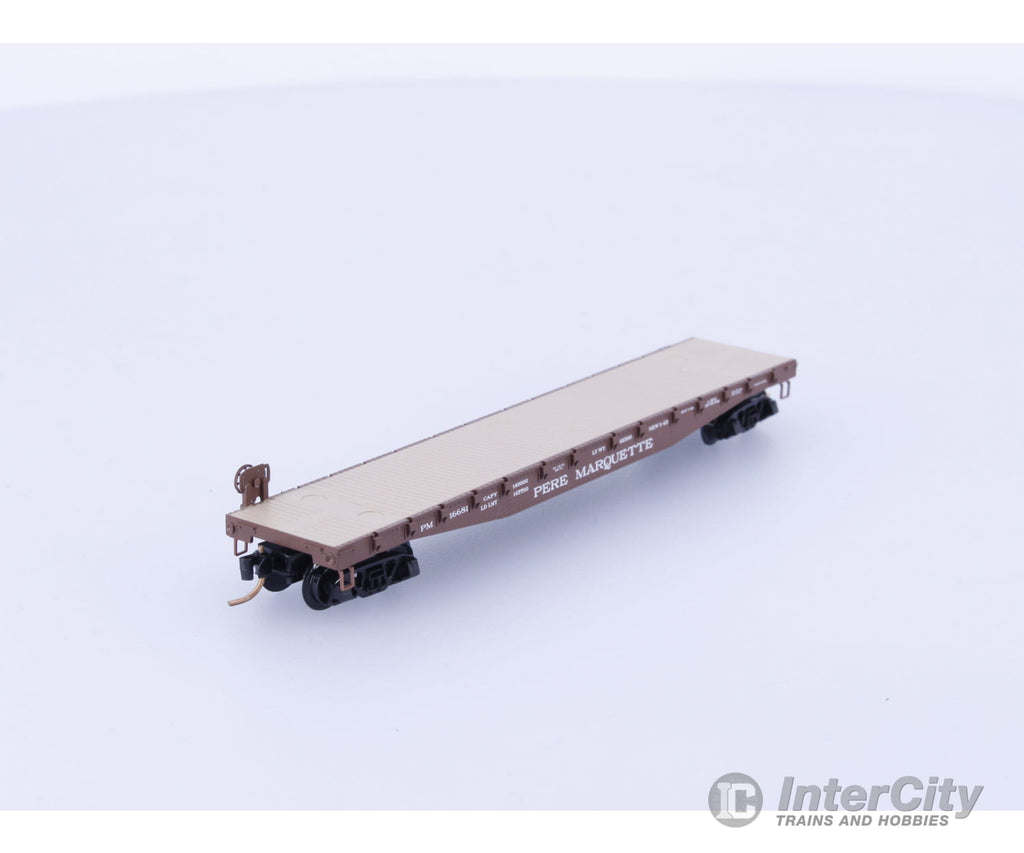 Micro Trains 45260 N 50’ Flat car Fishbelly Side w/Side Mount Brake Wheel Pere Marquette 16681 Freight Cars