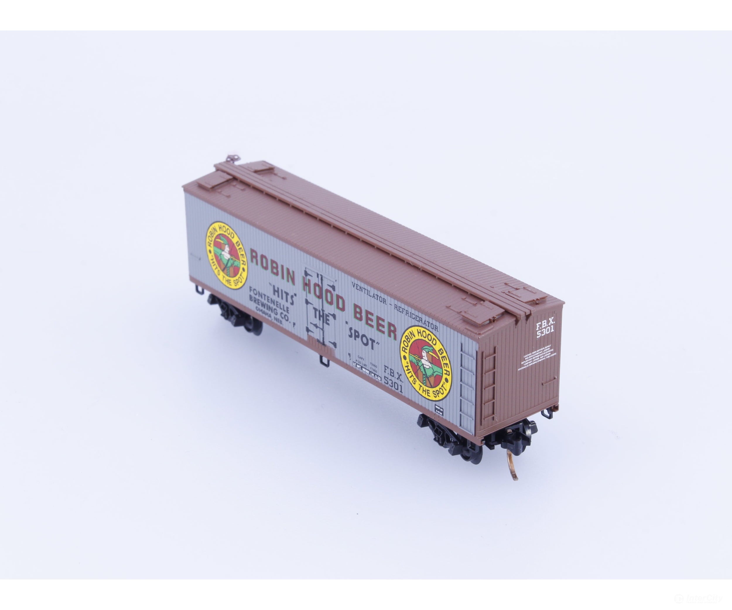 Micro Trains 49450 N 40’ Double Sheathed Wood Reefer Robin Hood Fontenelle Brewing Company (FBX) 5301 Freight Cars