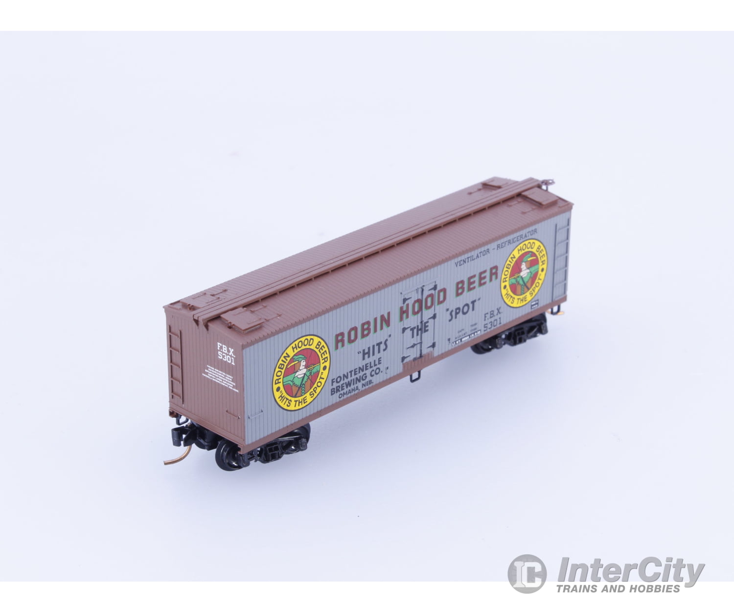 Micro Trains 49450 N 40’ Double Sheathed Wood Reefer Robin Hood Fontenelle Brewing Company (FBX) 5301 Freight Cars