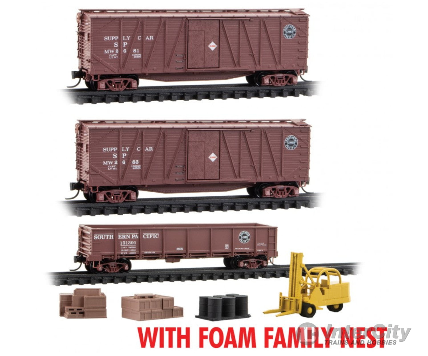 Micro Trains 99302235 N 2 40’ Wood Boxcars Gs Gondola Forklift & Cargo Kit Set - Southern Pacific