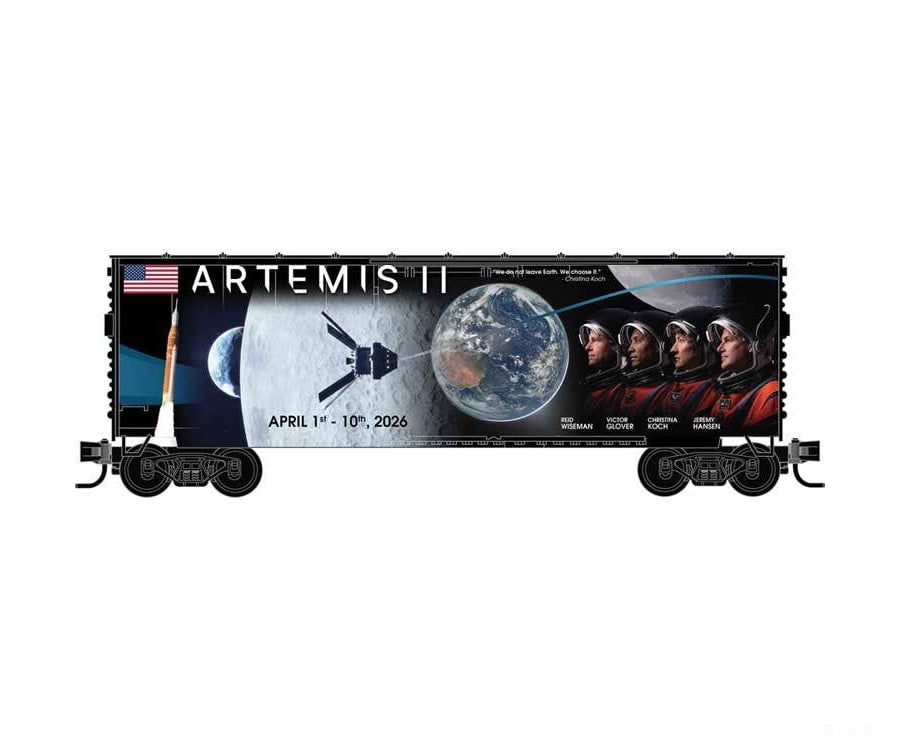 Micro Trains HO 310010003 AAR 40’ Insulated Plug-Door Boxcar - Kit - Artemis II Mission Commemorative (black blue red)