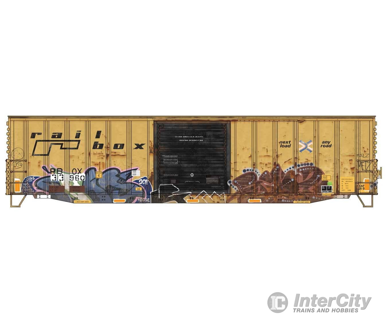 Micro Trains HO 5600003 50’ Exterior-Post Modern Boxcar - Kit - Railbox #33960 (Weathered yellow black graffiti)