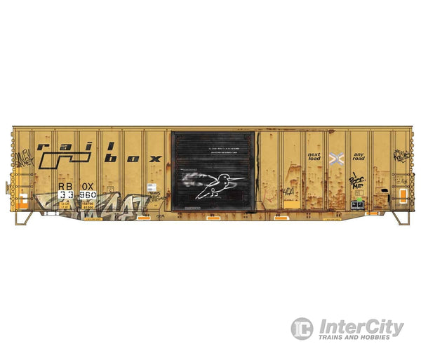 Micro Trains HO 5600003 50’ Exterior-Post Modern Boxcar - Kit - Railbox #33960 (Weathered yellow black graffiti)
