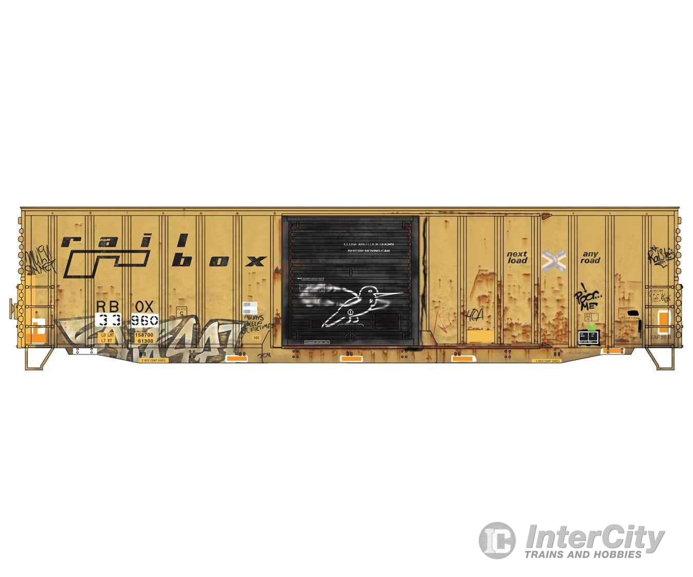 Micro Trains HO 5600003 50’ Exterior-Post Modern Boxcar - Kit - Railbox #33960 (Weathered yellow black graffiti)