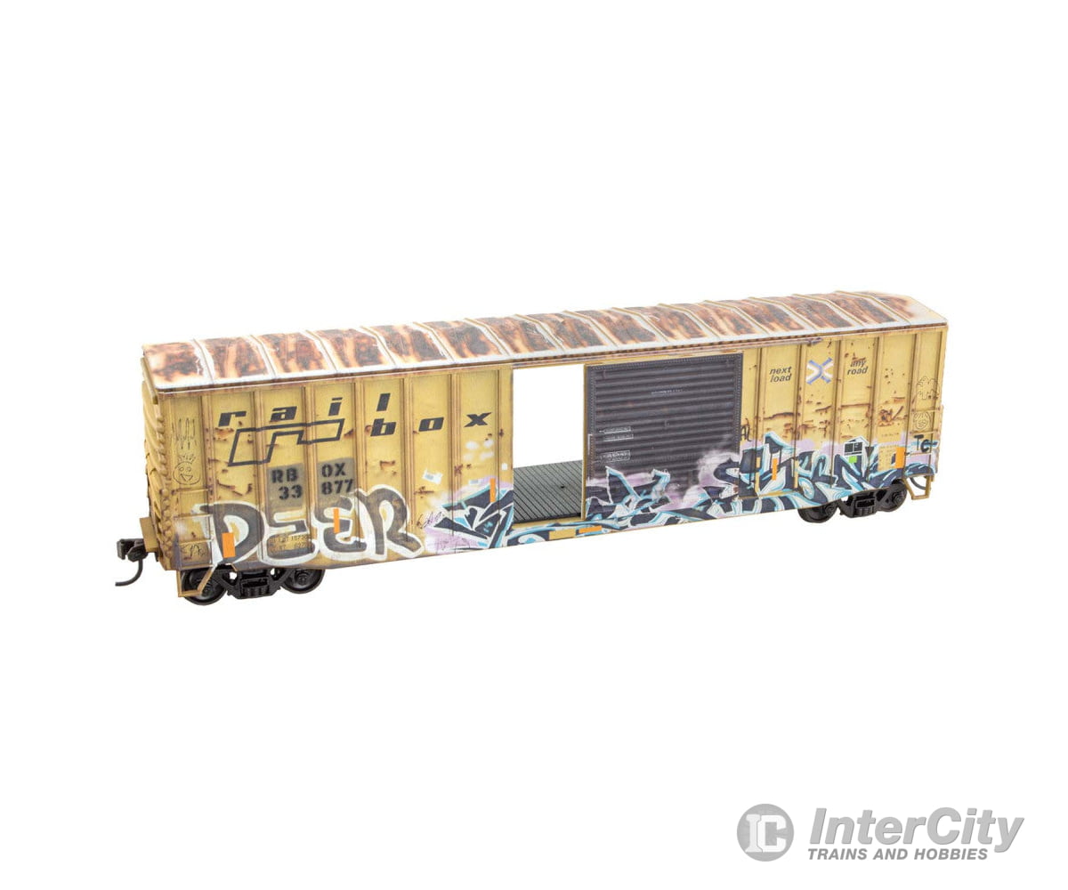 Micro Trains HO 5600004 50’ Exterior-Post Modern Boxcar - Kit - Railbox #33877 (Weathered yellow black graffiti)