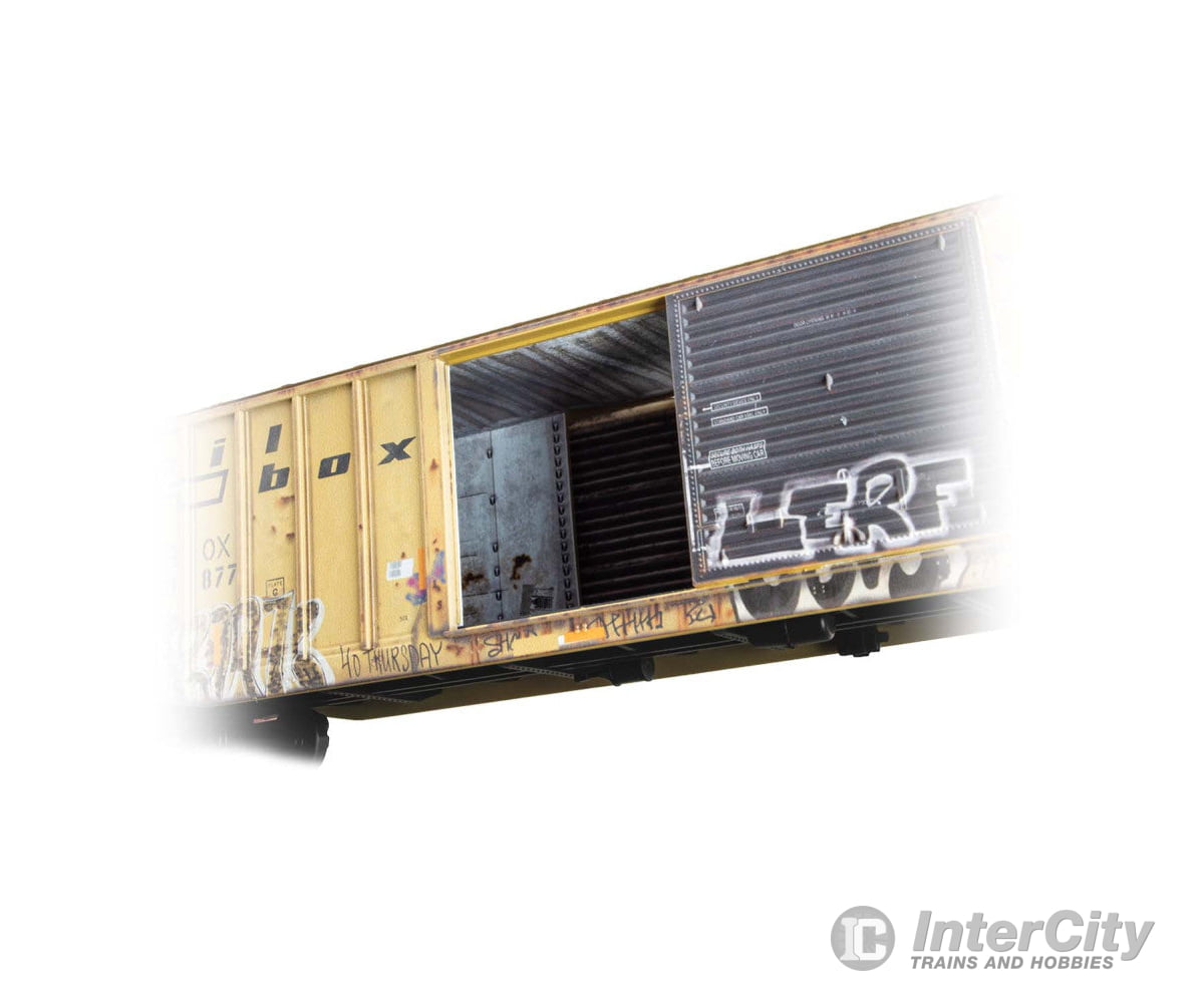 Micro Trains HO 5600004 50’ Exterior-Post Modern Boxcar - Kit - Railbox #33877 (Weathered yellow black graffiti)
