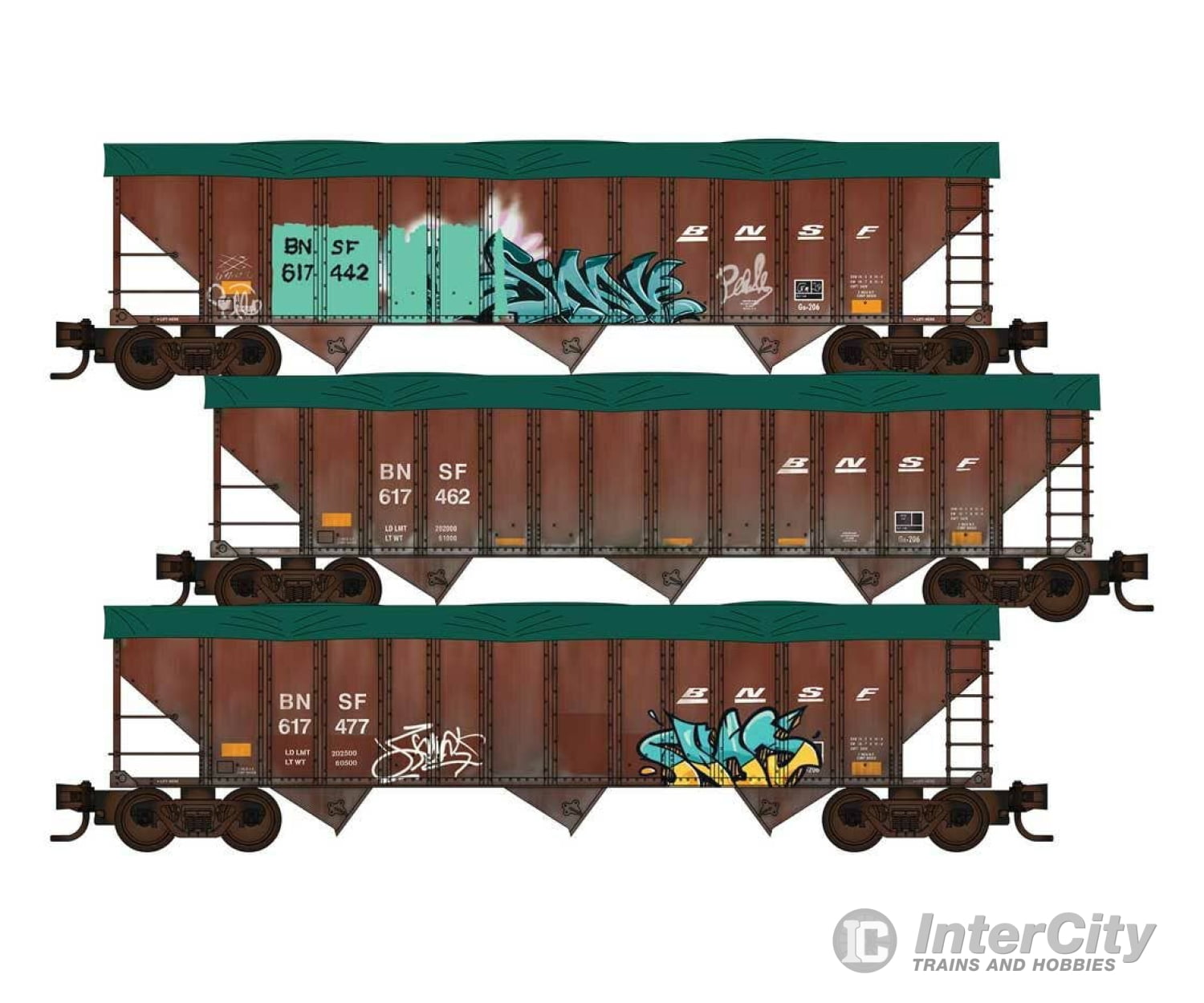 Micro Trains Line N 98302252 100-Ton 3-Bay Ribside Open Hopper W/Tarp 3-Pack - Ready To Run Bnsf