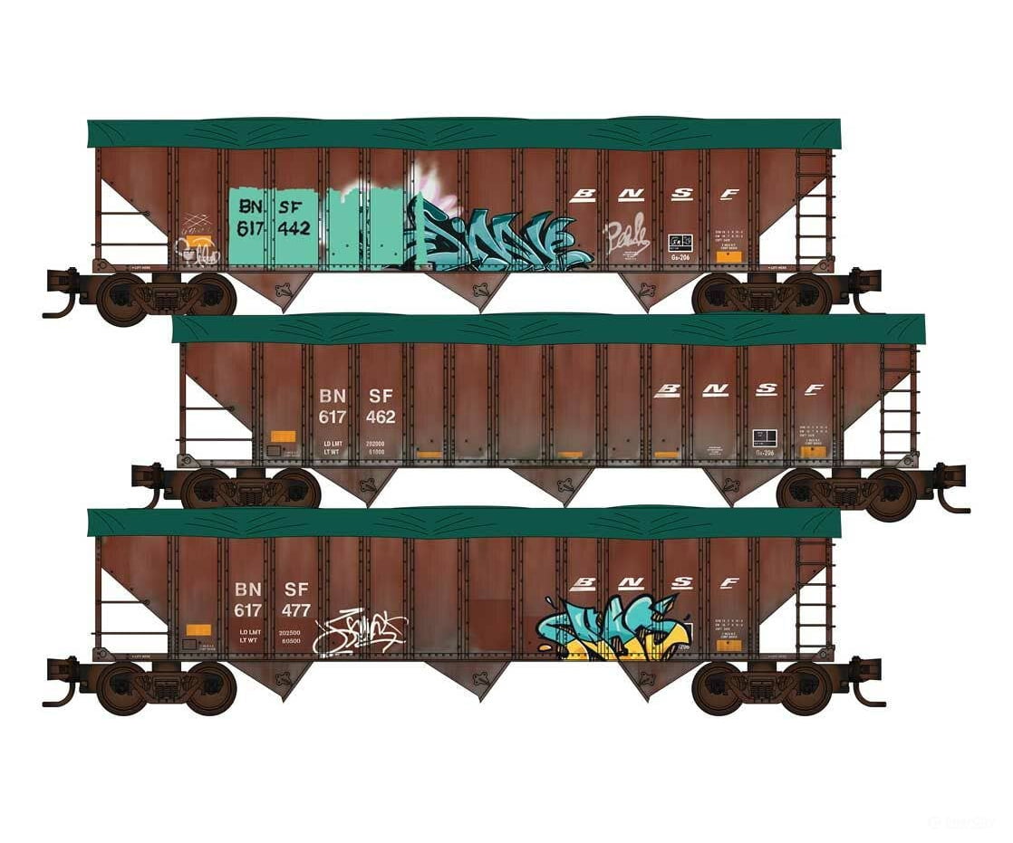 Micro Trains Line N 98302252 100-Ton 3-Bay Ribside Open Hopper W/Tarp 3-Pack - Ready To Run Bnsf