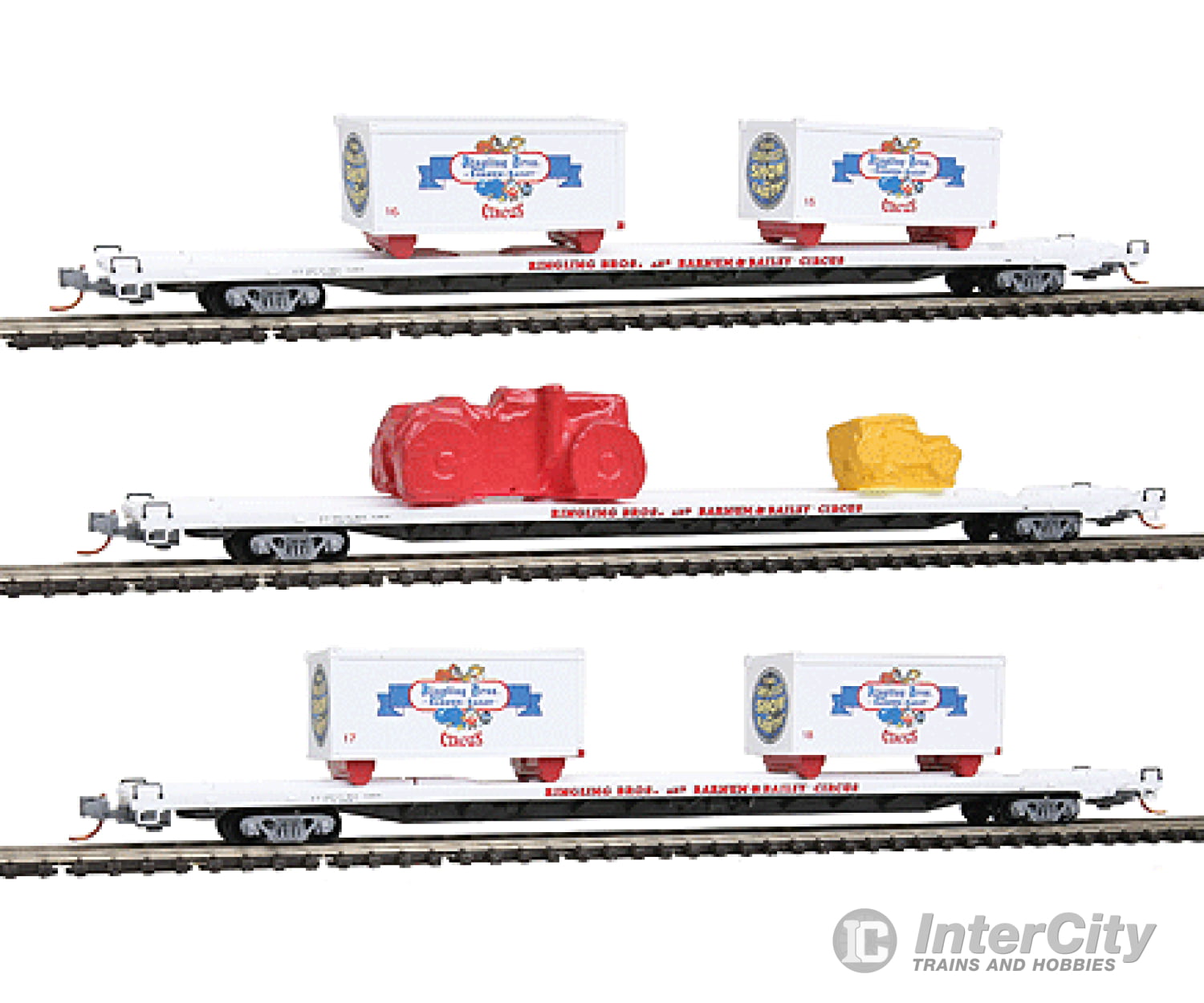 Micro Trains Line N Circus Flatcar Runner Pack W/Vehicle Loads - Ready To Run Ringling Bros. And