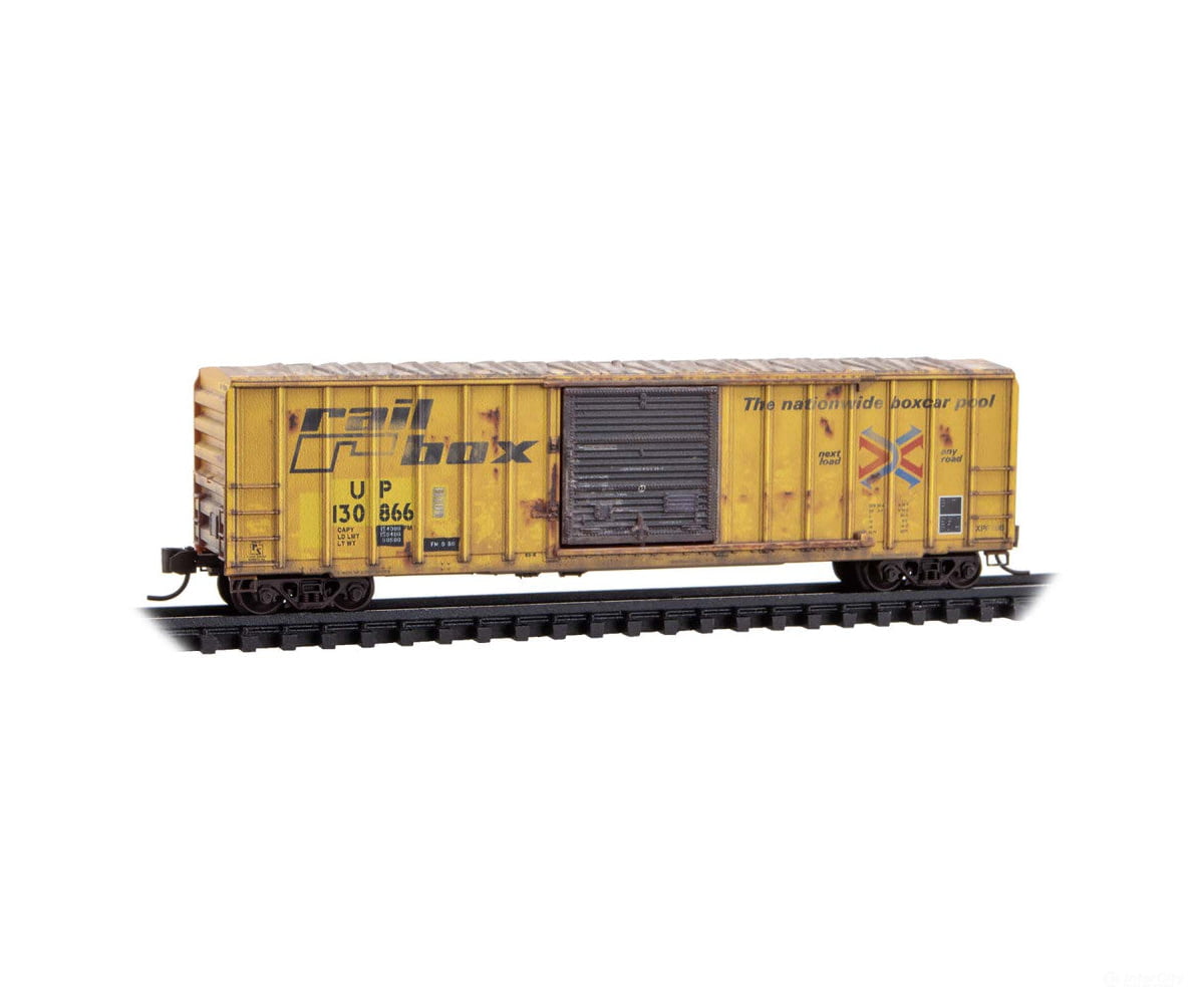 Micro Trains N 02544437 50’ Rib-Side Boxcar Plug Door No Roofwalk - UP ex-Railbox Weathered Freight Cars