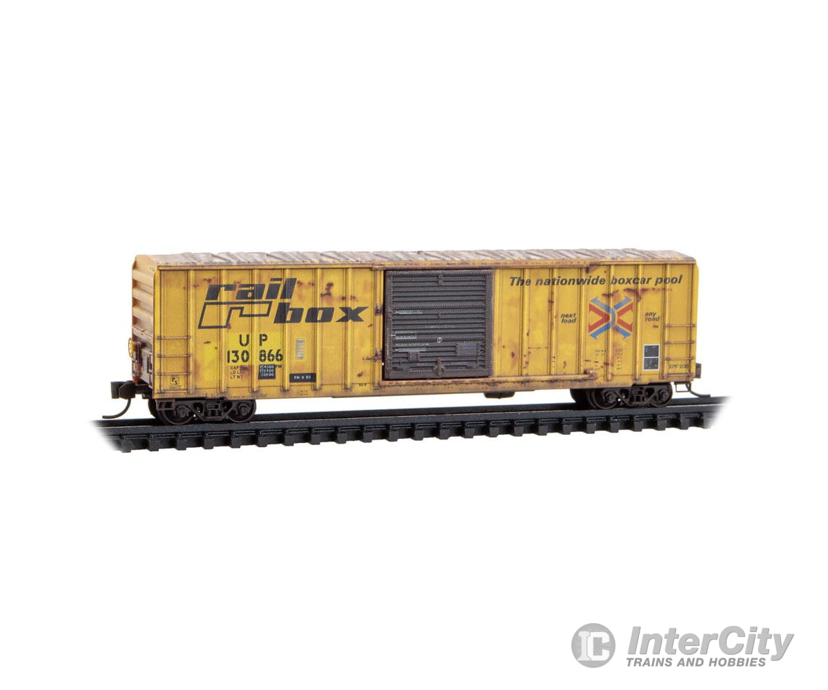 Micro Trains N 02544437 50’ Rib-Side Boxcar Plug Door No Roofwalk - UP ex-Railbox Weathered Freight Cars