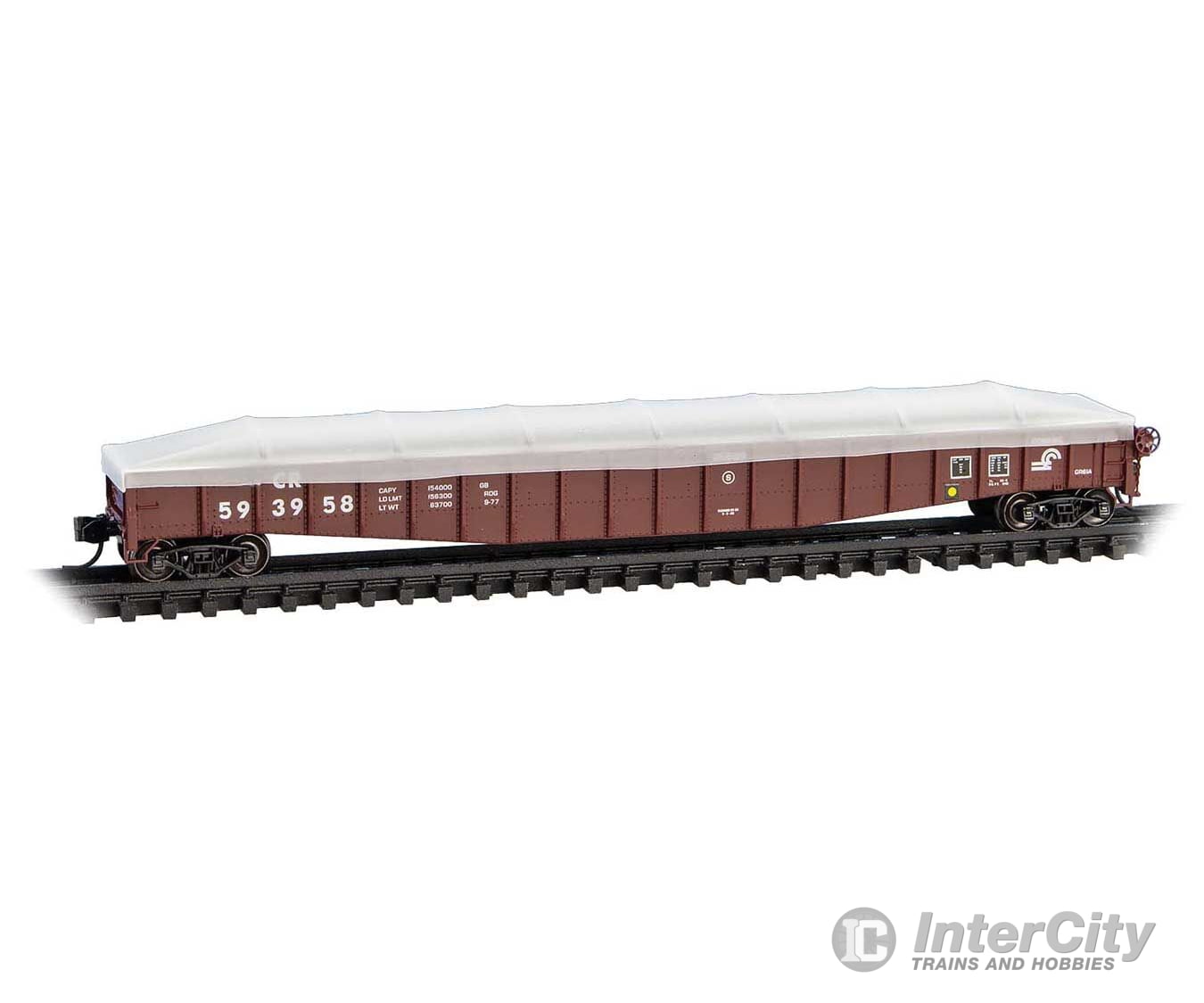 Micro Trains N 10700140 65’ Mill Gondola with Drop Ends & Tarp Load Cover Kit - Conrail #593958 (Boxcar Red) Freight