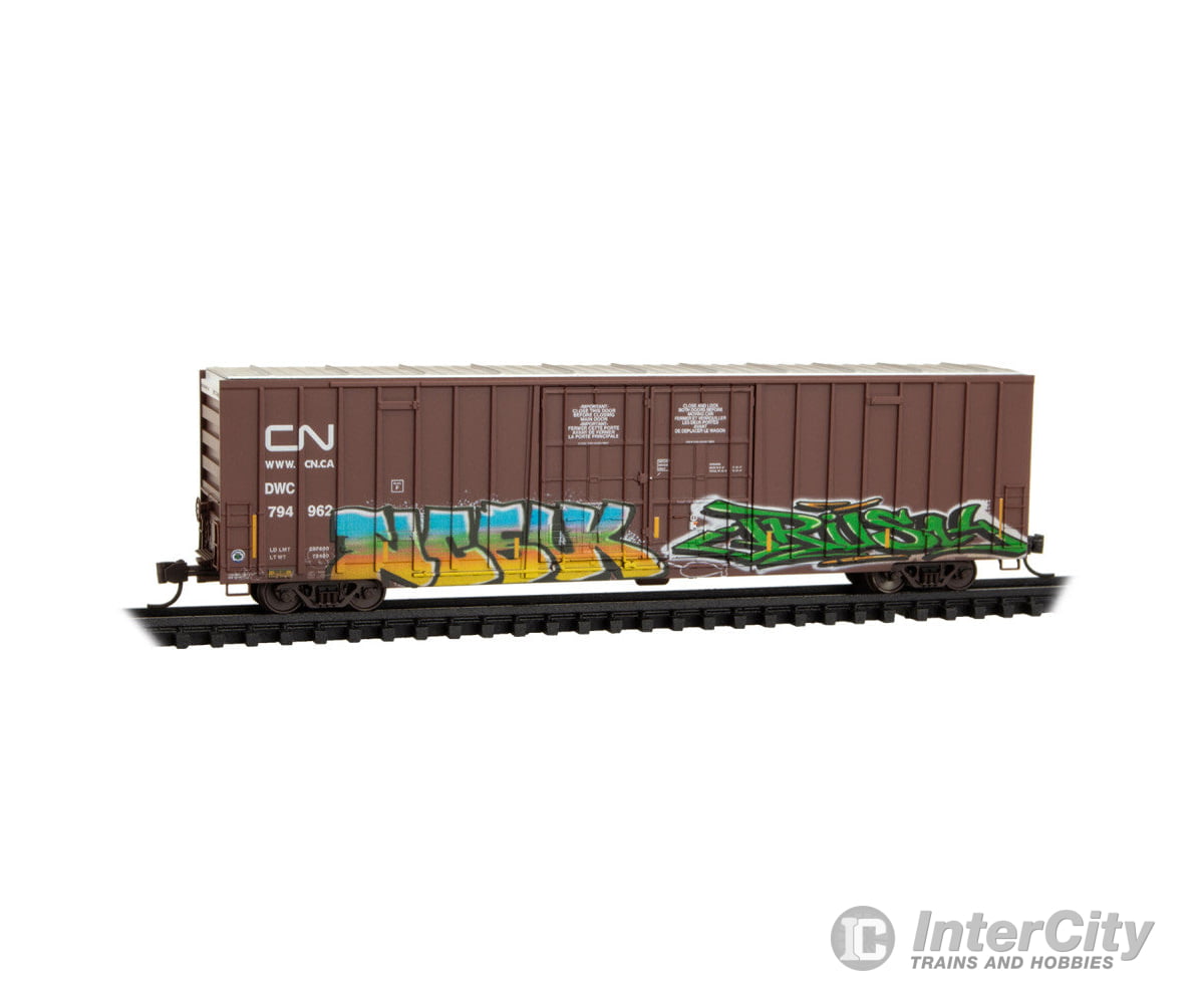 Micro Trains N 12344160 60’ Rib-Side Double-Plug-Door High-Cube Boxcar - Canadian National DWC #794962 Weathered Boxcar