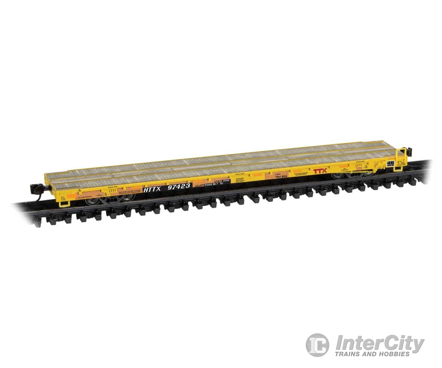 Micro Trains N 13400031 Thrall 60’ Flatcar - Ready to Run - TTX HTTX #97423 (Class TSH60A yellow black red logo)