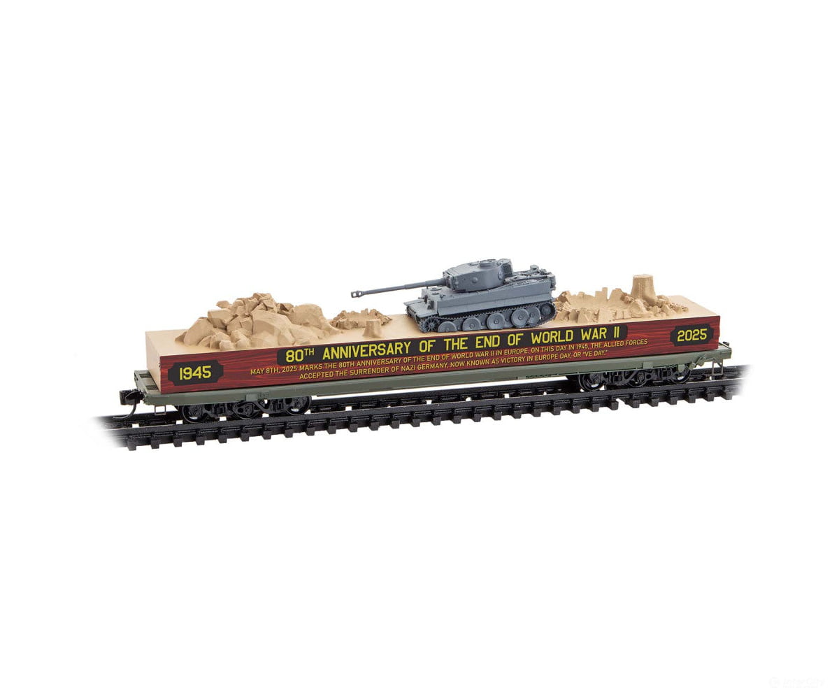 Micro Trains N 13700074 6-Axle 68’ Flatcar w/End of WWII Memorial Tank Load - VE Day (brown black gray) - Freight Cars